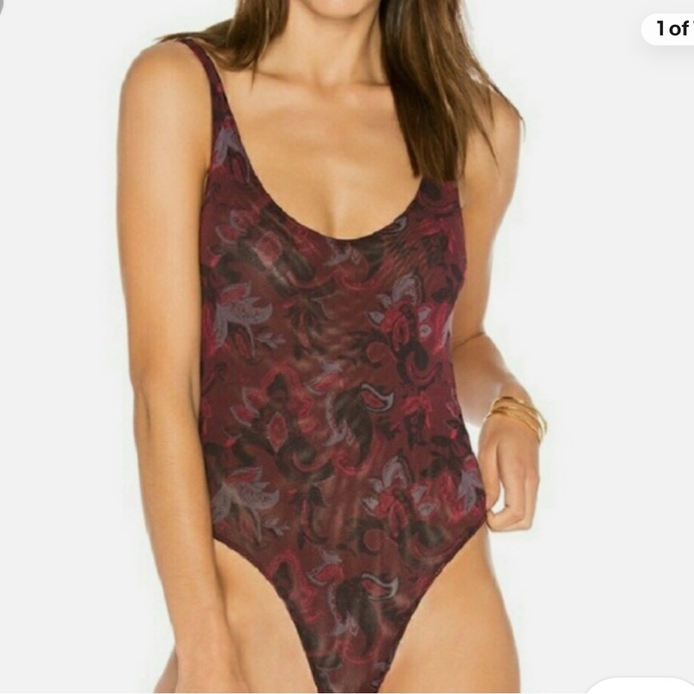 Free People So Fresh Burgundy and Black Mesh Bodysuit